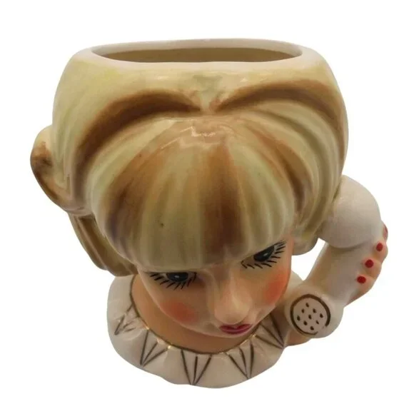 Ceramic Lady Head Vase Phone Telephone Girl Blonde Hair Planter 6" FLAW - Picture 3 of 7